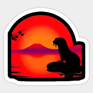 Aquatic Animal Vintage Sunset Cute Japanese Art Otter Sticker